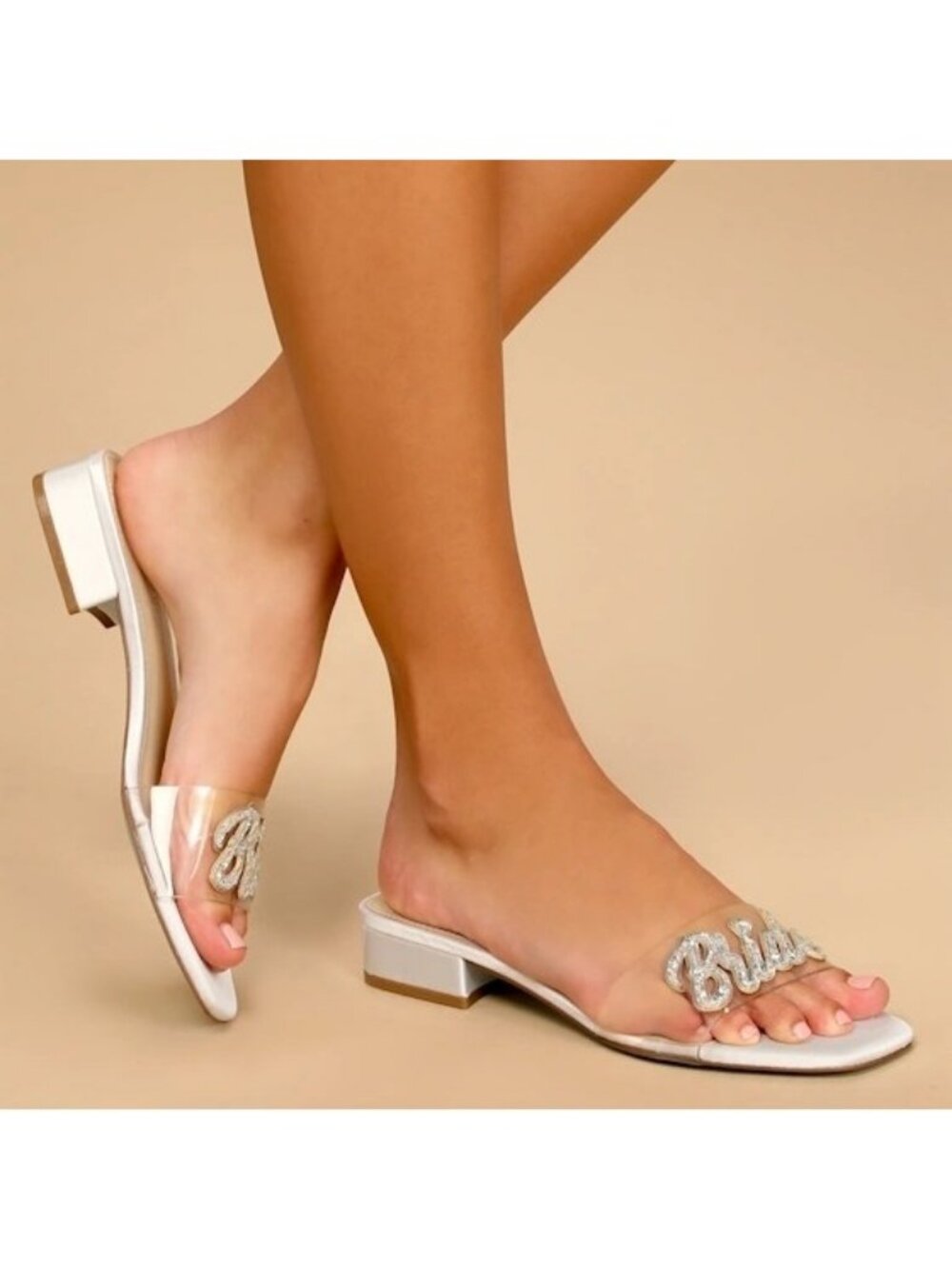 Betsey Johnson SB-Thyme Slide Kitten Heel Sandals 8 Bride Spell Out Blue Soles